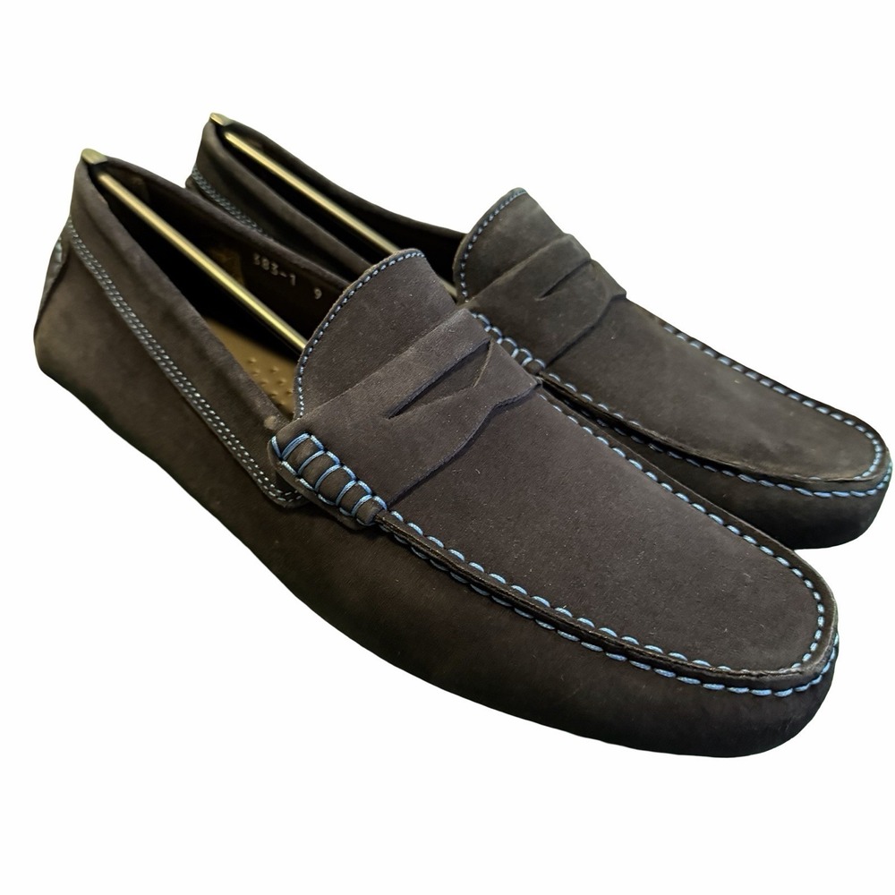 To Boot New York black suede loafers featuring blue‎ contrast stitching. Men's 9